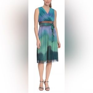 LONDON TIMES Ruched Tie-Waist Blue & Green Ombré Dress Size 8 NWT